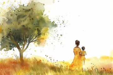 In a heartwarming depiction of motherhood, a mother holds her child, sharing a moment of awe as they admire a beautiful landscape together on a simple white background