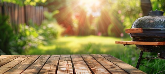 summer time in backyard garden with grill BBQ, wooden table, blurred background. 