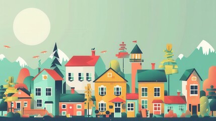 small town adventure flat design side view charming landmark animation Splitcomplementary color scheme
