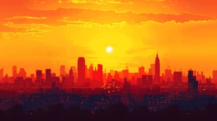 Fototapeta premium City Skyline at Sunset with Orange Sky