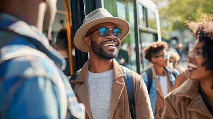 A diverse group of tourists boarding a tour bus, showing excitement for the journey, interacting with the tour guide, and discussing travel plans