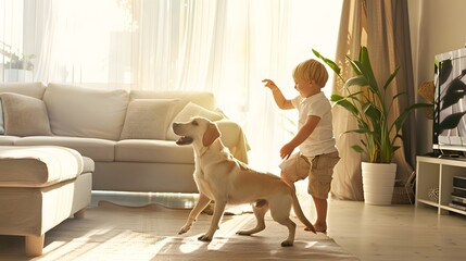 Fototapeta na wymiar Toddler joyfully playing with a Labrador in a sunlit, cozy living room.