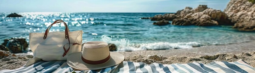 Obraz premium A beach scene featuring a white tote bag and a straw hat on a striped blanket
