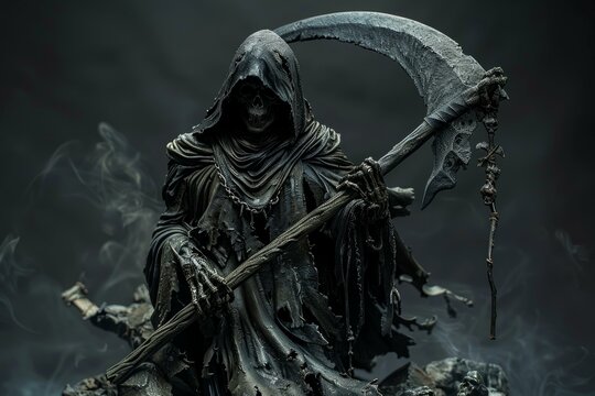 An eerie sculpture of the grim reaper with a scythe surrounded by mist