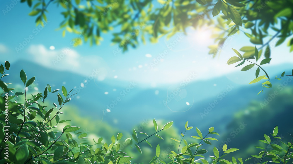Wall mural A beautiful landscape featuring a blue sky with sunlight and green leaves, set against a blurred background of mountains. You can use this image as a background for your designs. - Wall murals