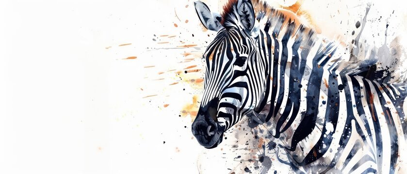 A lively zebra illustration painted in watercolor, featuring bold black and white stripes on a white background