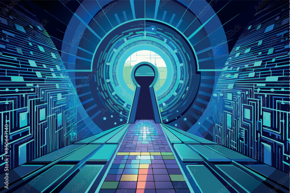 Wall mural a key hole with a beam of light emanating from it against a dark blue background. this image can sym