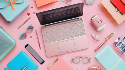 Stylish Workspace Pink Pastel Accessories Flat Lay