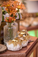 room interior, candy table, flower decoration, decorated table, table setting, birthday party, ballroom, cake table, cake and candy table
