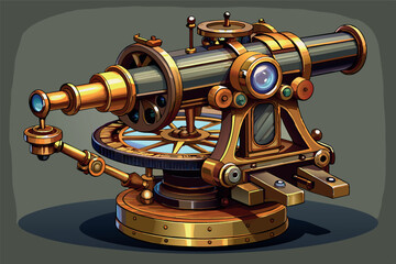  antique brass telescope. it is mounted on a cogwheeled stand with intriguing details, which may indicate its use for observing celestial bodies.