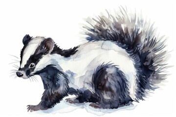 Naklejka premium A watercolor clipart of a skunk with fluffy fur and a raised tail on a white background