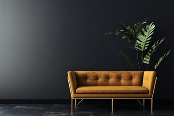 Sofa in a studio with a potted plant beside it. Perfect for themes of interior design, comfort, and modern living spaces.