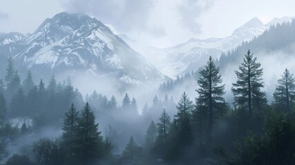 Fototapeta premium The majestic mountains are shrouded in mist, creating a serene and ethereal atmosphere. Evergreen trees stand tall, adding to the beauty of the landscape.