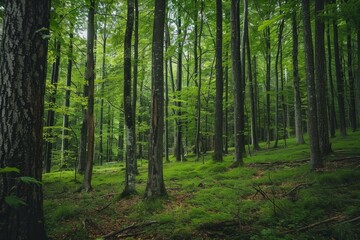 Fototapeta premium Serene forest scene with tall trees and vibrant green moss covering the forest floor