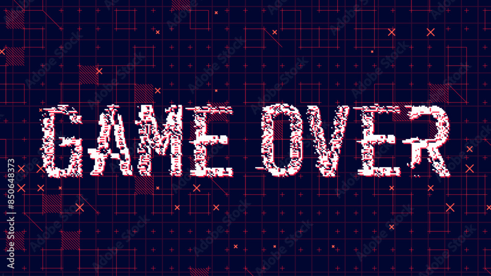 Poster Game Over Glitched Word. HUD Hologram Cyberpunk Style Banner. Neon Tech Game Over Glitch Background. Design Element for Tech Gamers Event. Vector Illustration.