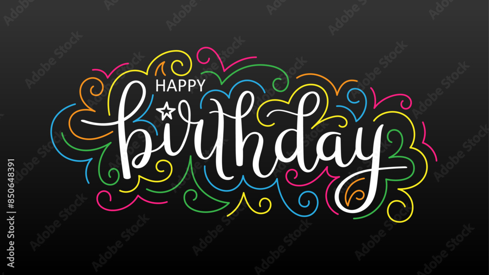 Wall mural happy birthday colorful vector hand lettering card on black background - Wall murals