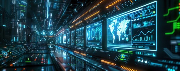 Fototapeta premium A digital dashboard with realtime logistics process flow analytics, neon green and blue lights, advanced management strategy, cyberpunk design, highresolution 3D illustration