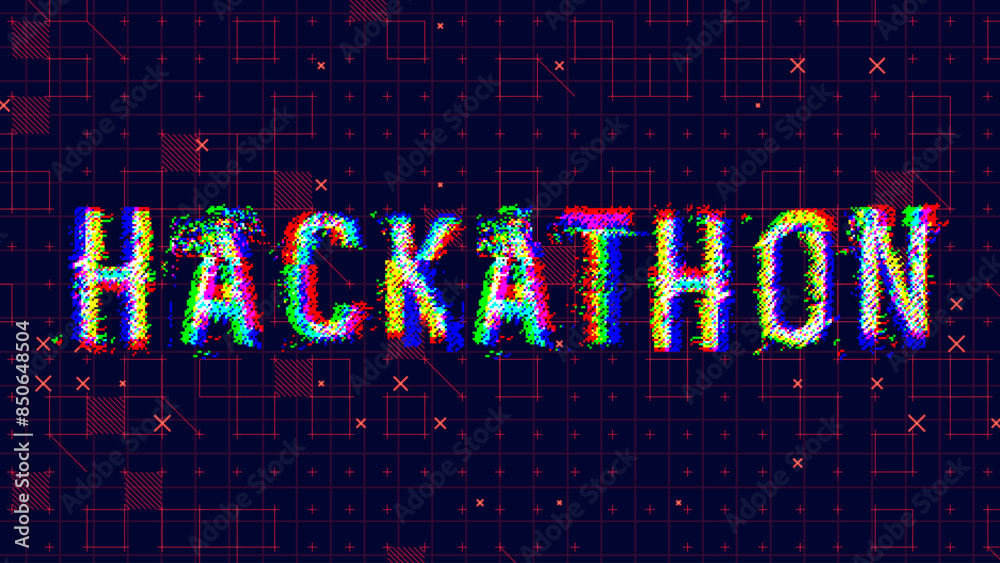 Poster Hackathon Glitched Word Banner. HUD Hologram Cyberpunk Style. Neon Tech Hackathon Glitch Background. Design Element for Tech Programmers Event. Vector Illustration.