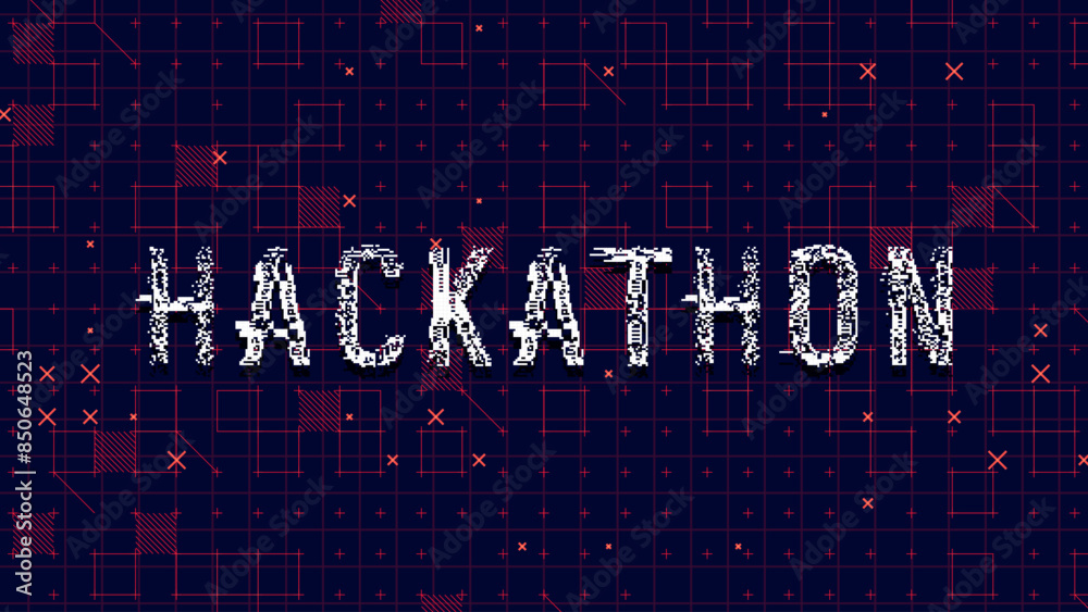 Aufkleber Hackathon Glitched Word Banner. HUD Hologram Cyberpunk Style. Neon Tech Hackathon Glitch Background. Design Element for Tech Programmers Event. Vector Illustration.