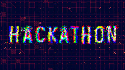 Hackathon Glitched Word Banner. HUD Hologram Cyberpunk Style. Neon Tech Hackathon Glitch Background. Design Element for Tech Programmers Event. Vector Illustration.