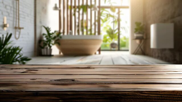 modern Blurred bathroom background and wooden counter table top for mock up for montage products display or design layout, template, Bali style
