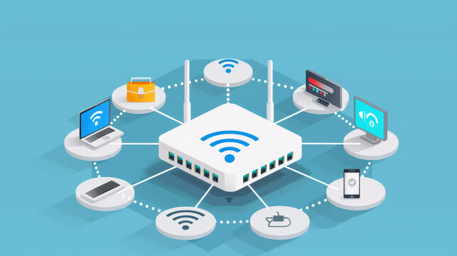 Graphic depicting a WiFi router with icons of connected devices phone, laptop, smart TV around it