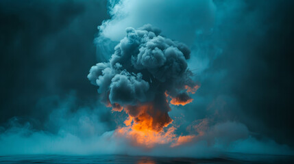 A photo of a bomb with smoke coming out. The picture is dark and the colors are contrasting.