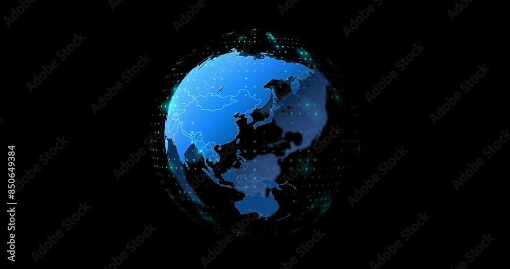 Fototapete Global, data or connection with hologram, dark studio background or futuristic communication with tech. Empty, earth or planet with internet, cyber security or holographic with digital transformation