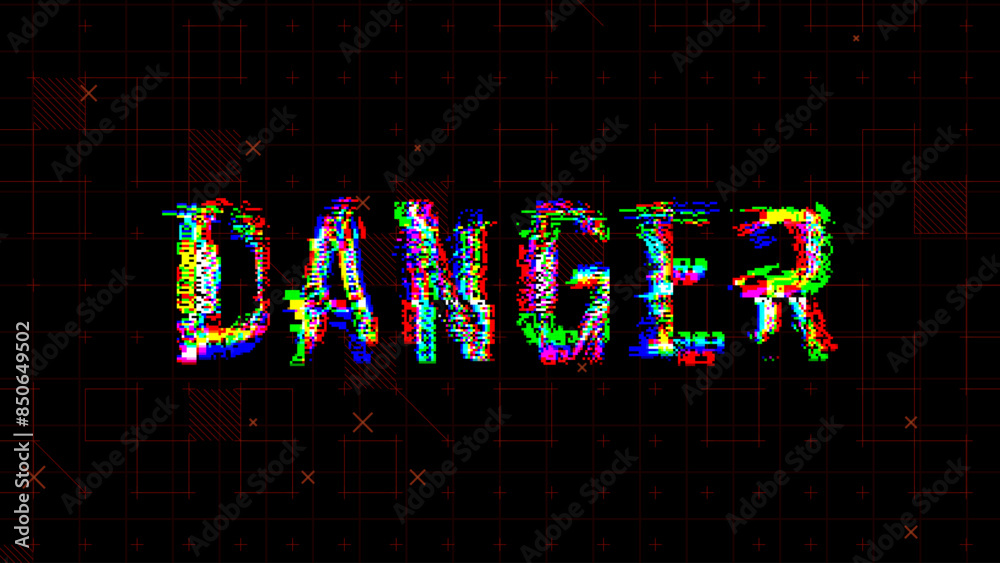 Poster Danger Glitched Word. HUD Hologram Cyberpunk Style Banner. Neon Tech Danger Glitch Background. Design Element for Tech Cyber Security Event. Vector Illustration.