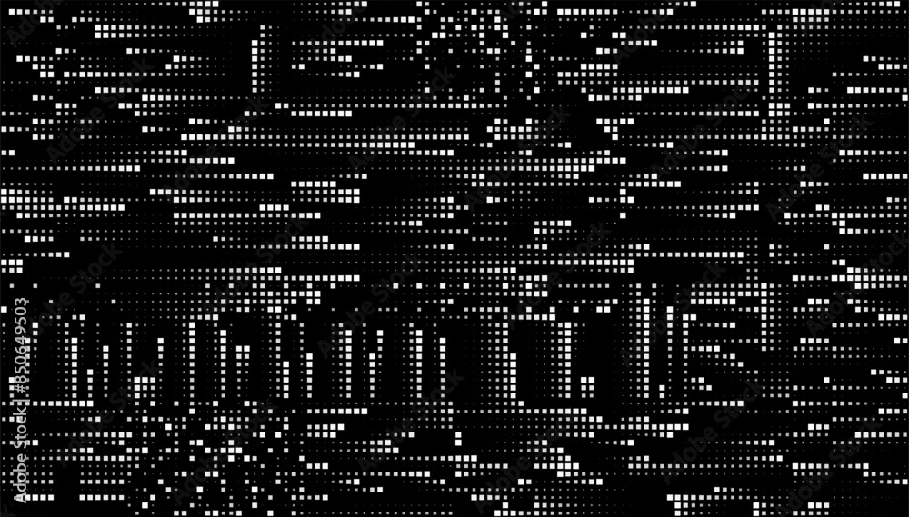 Poster Abstract Digital Mosaic Grid Dots Halftone Tech Background Pattern. White Pixels Moving Fast on Grid. Hi-Tech Minimal Technology Design Texture. Digital Data Flow Transfer. Vector Illustration.