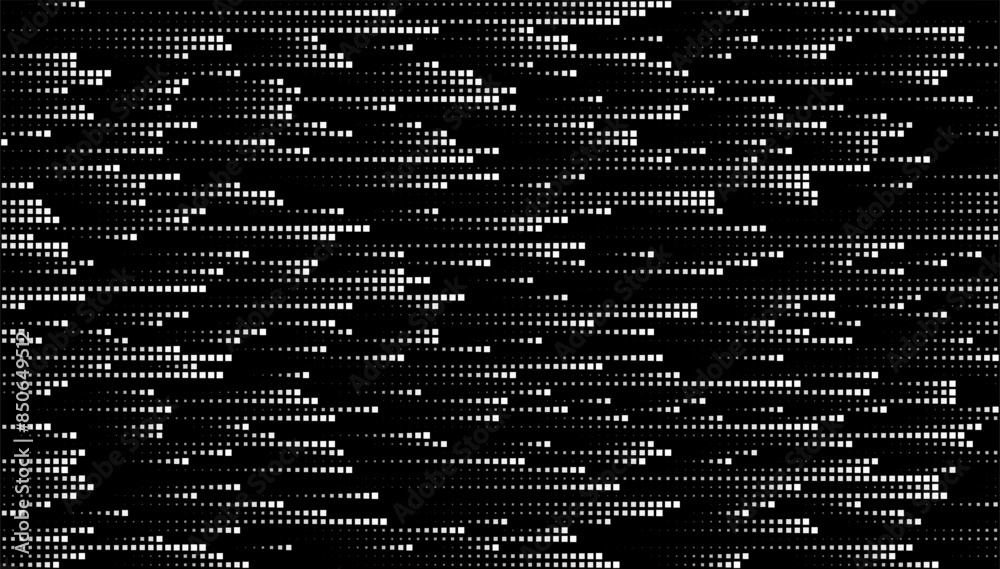 Poster Abstract Digital Mosaic Grid Dots Halftone Tech Background Pattern. White Pixels Moving Fast on Grid. Hi-Tech Minimal Technology Design Texture. Digital Data Flow Transfer. Vector Illustration.