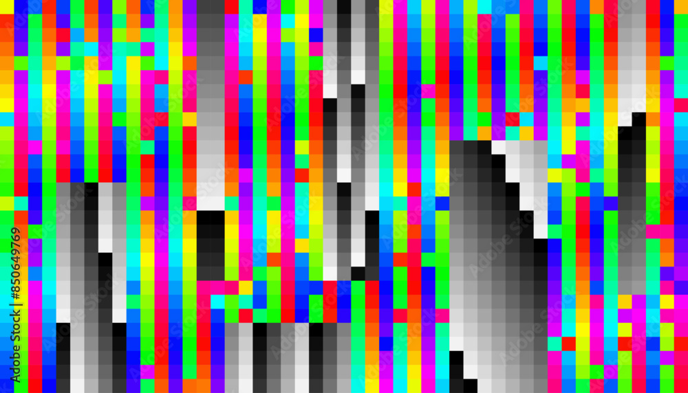 Poster Colorful Glitch Screen Effect Background. Abstract Digital Pixel Dots Noise Glitch Error. Overlay Texture Pixel Sorting Effect Illustration. Modern Sci-Fi Game Vector Background.