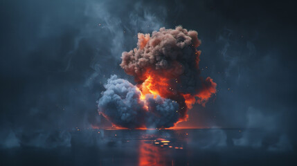 A photo of a bomb with smoke coming out. The picture is dark and the colors are contrasting.