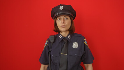 Mature hispanic female police officer stands against a red isolated background, projecting authority and seriousness.