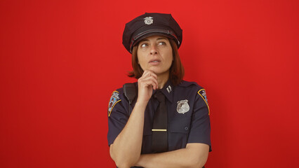 Hispanic policewoman in uniform thinking against a red wall