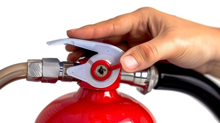 Closeup of Hand Pulling Pin on Red Fire Extinguisher for Emergency Preparedness