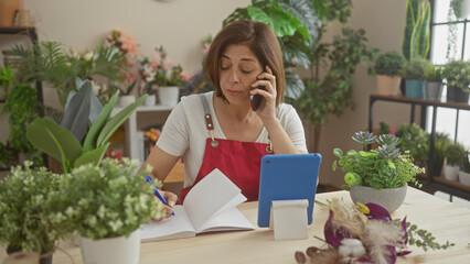 Mature hispanic woman multitasking on a phone call while working in a plant-filled flower shop.