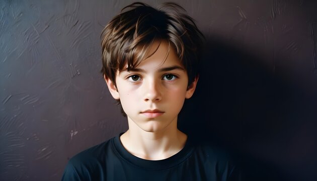 Young serious black haired boy with copy space dark background header banner design poster