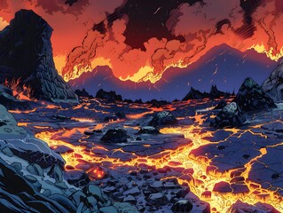 A fiery landscape with molten lava flowing through a rocky valley, surrounded by volcanic mountains and a crimson sky.