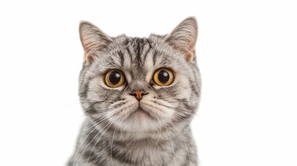 Obraz premium Adorable British Shorthair kitten looking up with wide eyes and a cute expression, portrait against a white backdrop