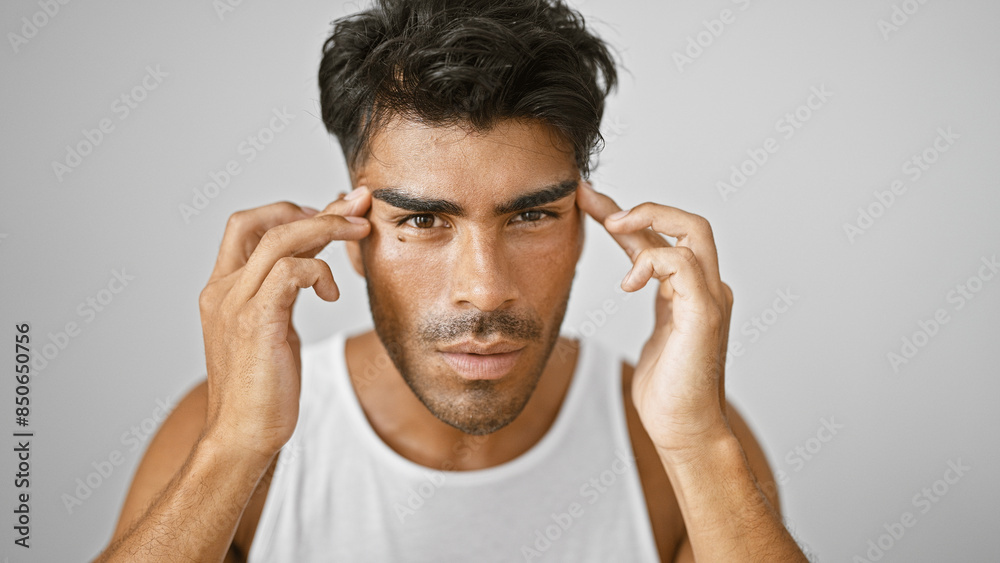 Wall mural handsome young hispanic man with beard in a white tank top against an isolated white background, tou