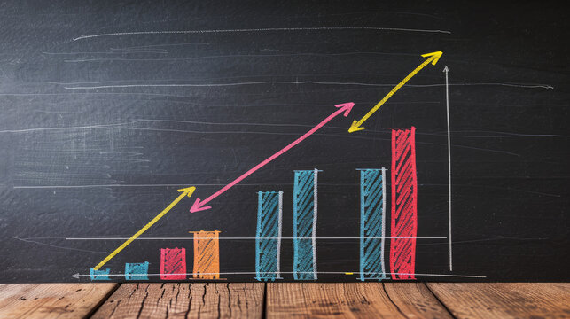 A simple hand-drawn graph shows two decreasing columns on a blackboard. The arrows show they're getting smaller over time.