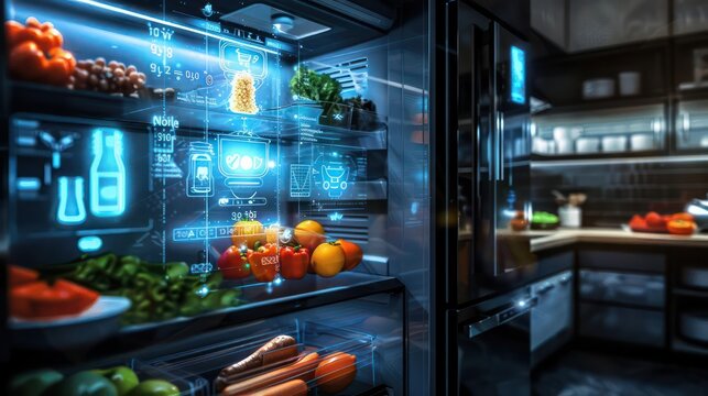 An advanced smart refrigerator with a holographic display showing inventory, freshness levels, and recipe suggestions