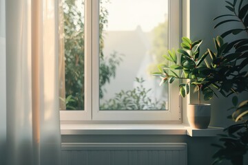 An advanced smart window with a minimalist frame, automatically adjusting opacity for optimal light and privacy