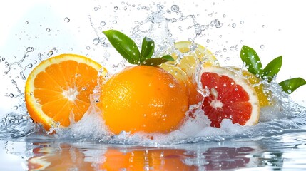 Splashing Citrus Fruits in Water Showcasing Juicy,Fresh,and Healthy Refreshment