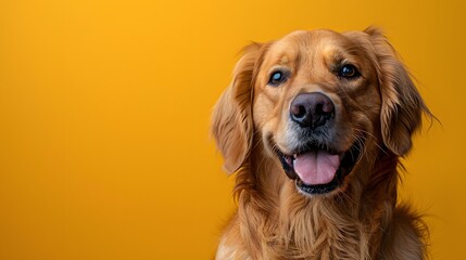 Happy golden retriever dog with a joyful expression on its face, isolated on a vibrant yellow background.