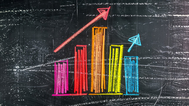 A simple hand-drawn graph shows two decreasing columns on a blackboard. The arrows show they're getting smaller over time.