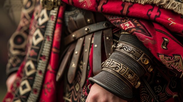 Detailed view of a Celtic chieftain's torc and cloak, showcasing the ironwork and traditional patterns.