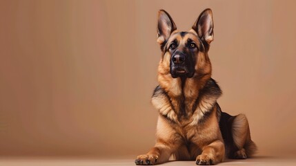 Obraz premium Portrait of a German Shepherd dog sitting against a beige background, showcasing its strong build and alert expression.