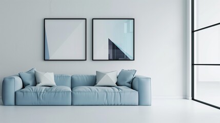 A minimalist living room with PANTONE Blue Opal sofa, white walls, a large rectangular window with black frame, and a series of modern geometric paintings on the sofa side wall